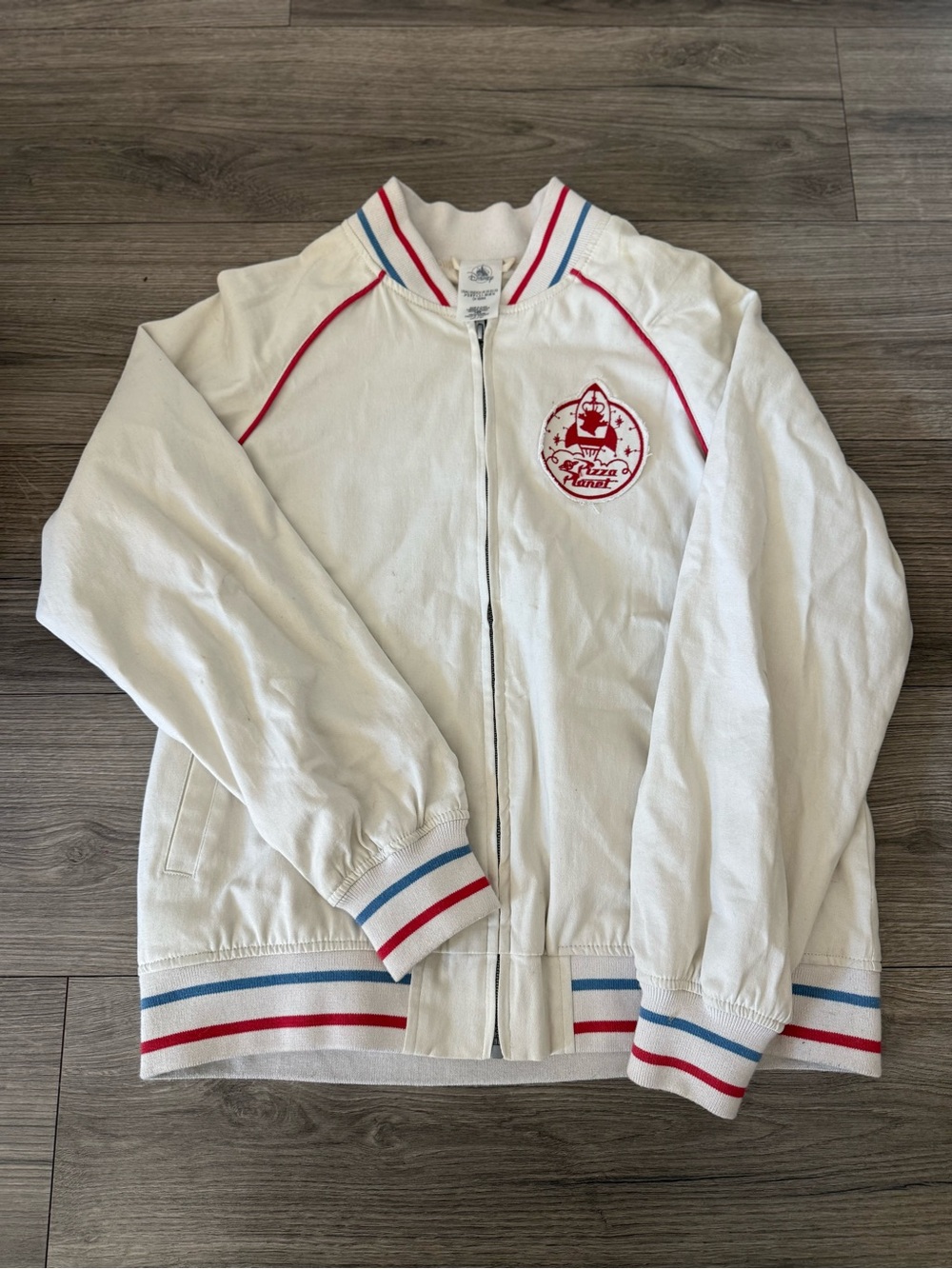 Disney Pizza Planet Toy Story Aliens White Red Blue Jacket Mens XS - Women’s S-M